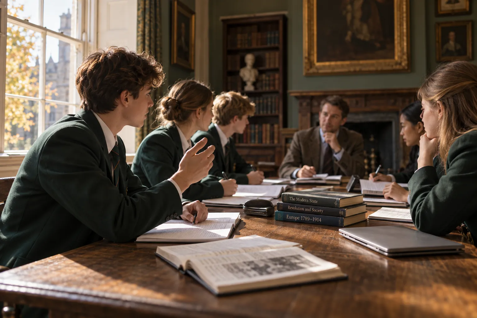 Sixth Form pupils in profile around an oak seminar table, one making a point, teacher listening at the far end