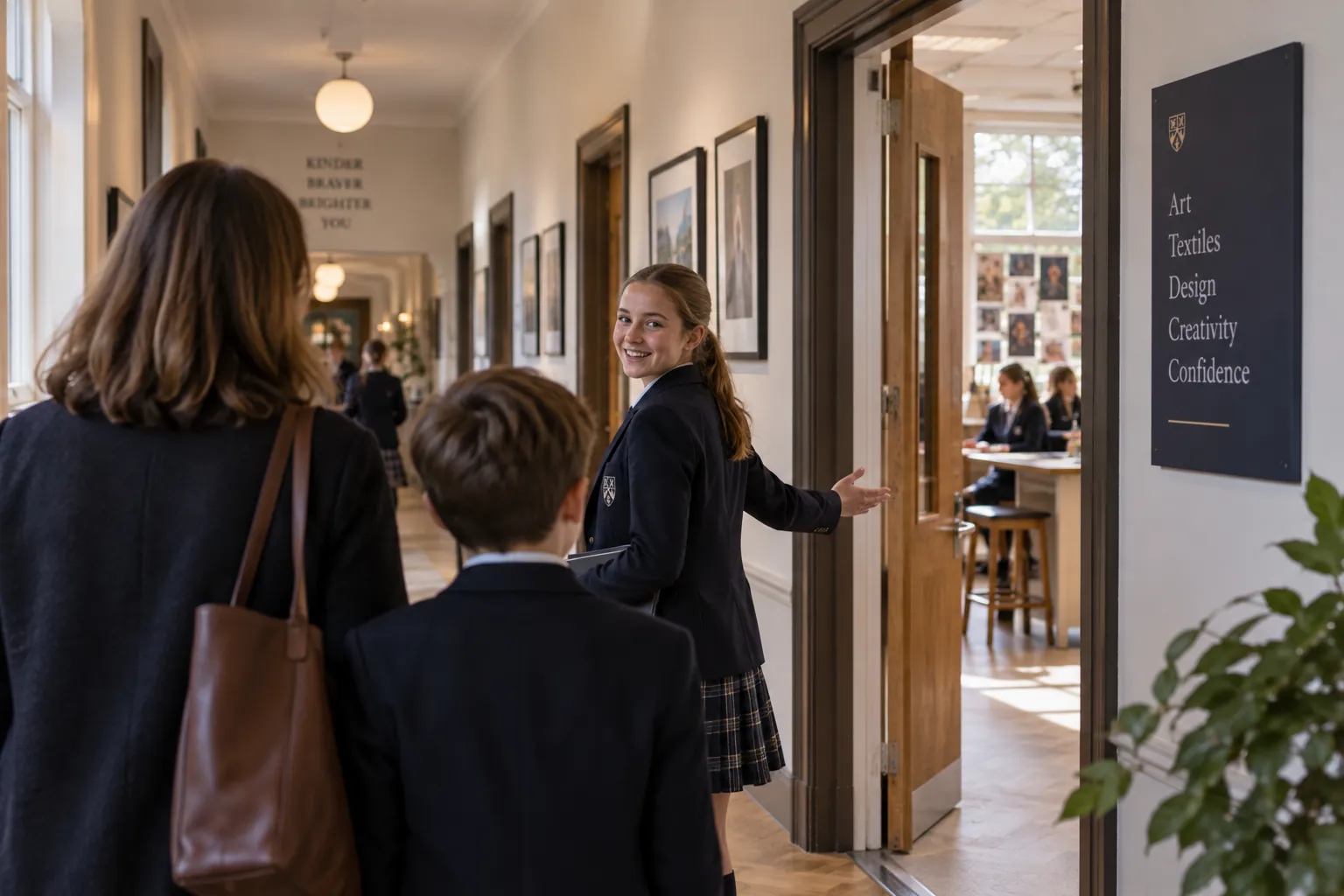 A pupil guide turns back to a visiting parent and child while showing them a classroom