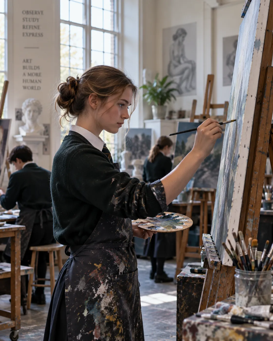 A pupil in profile painting at an easel in a daylit art studio