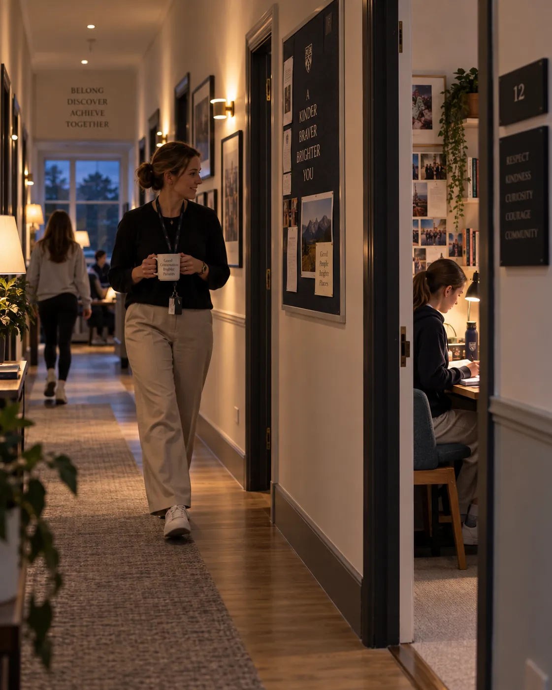 A boarding house corridor in the evening, a pupil working at a desk through an open door