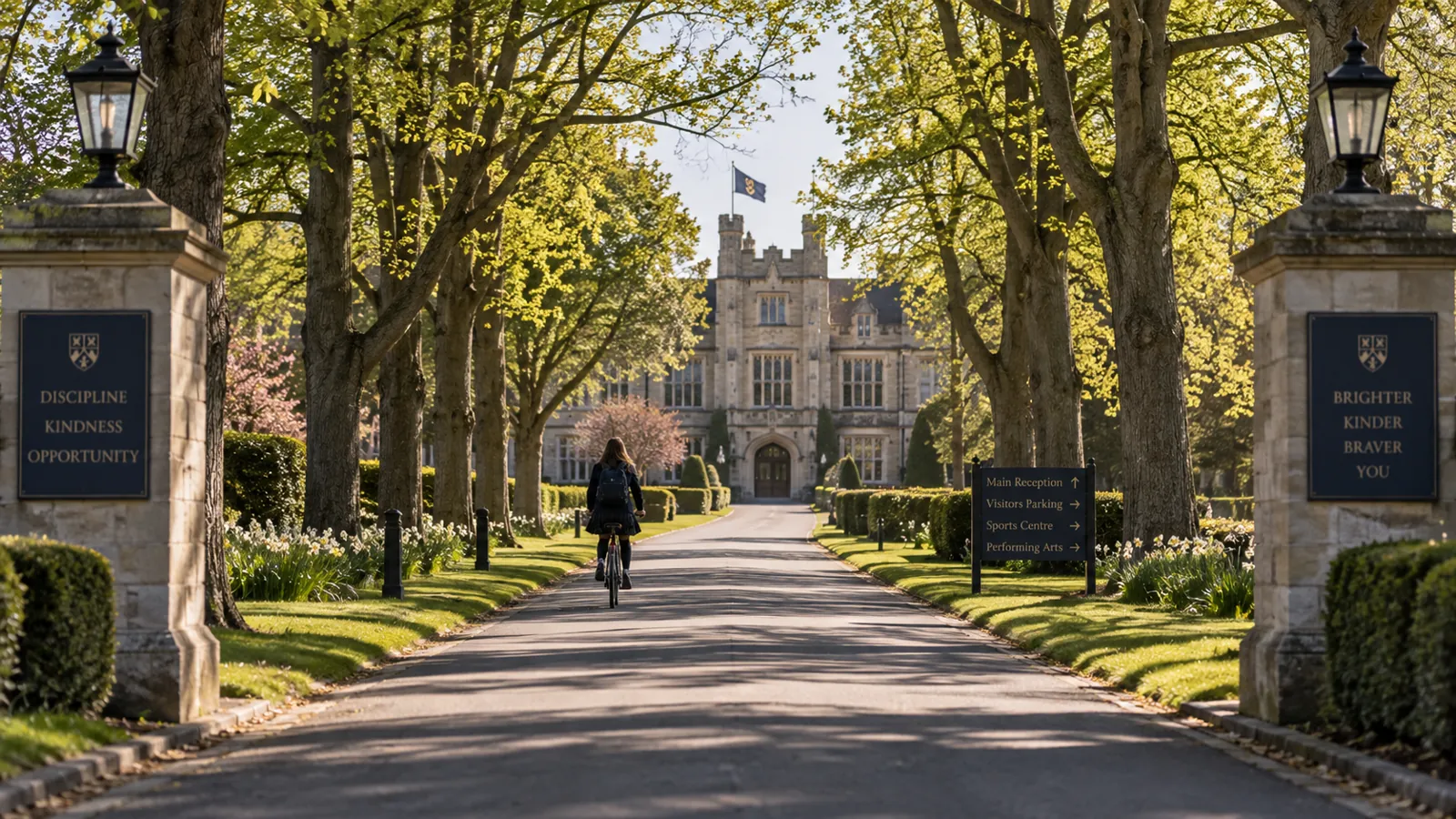 A tree-lined drive leading to a large stone school building, a pupil cycling ahead