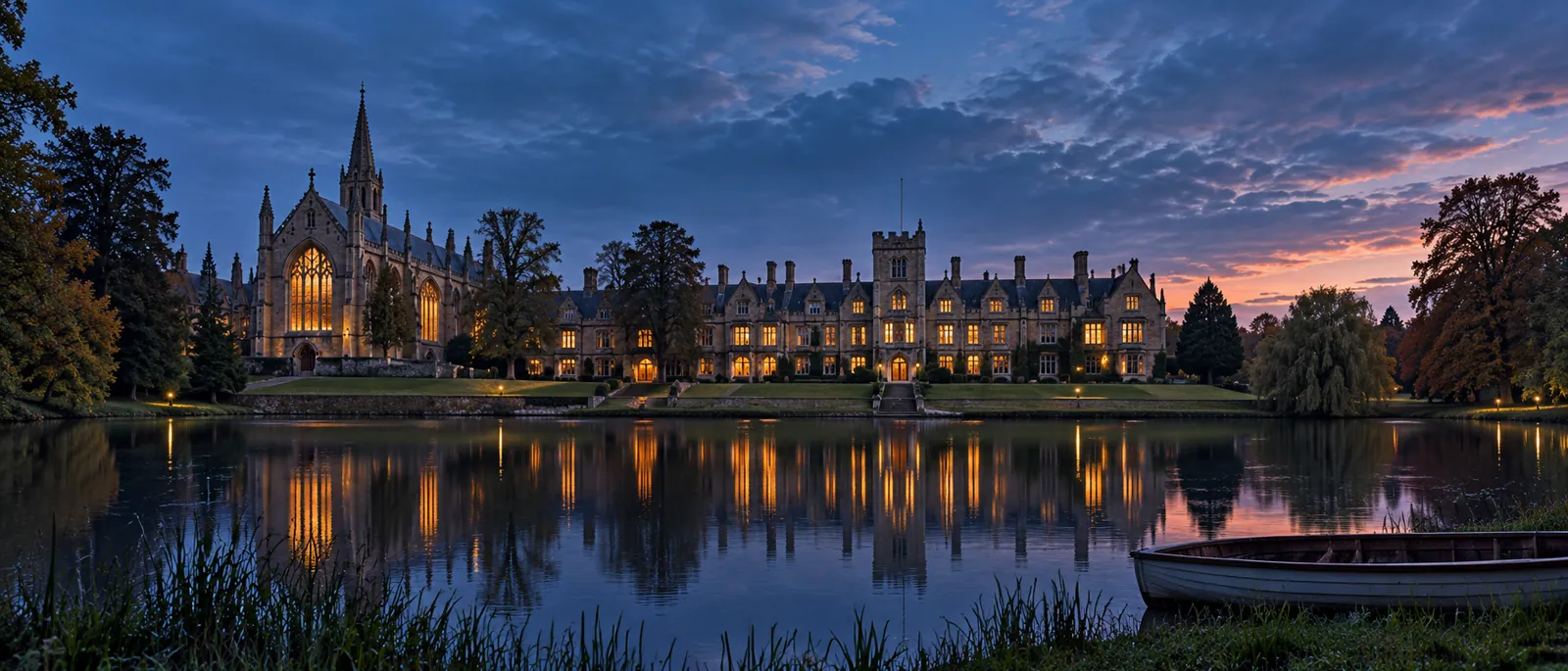 A Victorian school building and chapel reflected in a lake at dusk with lit windows