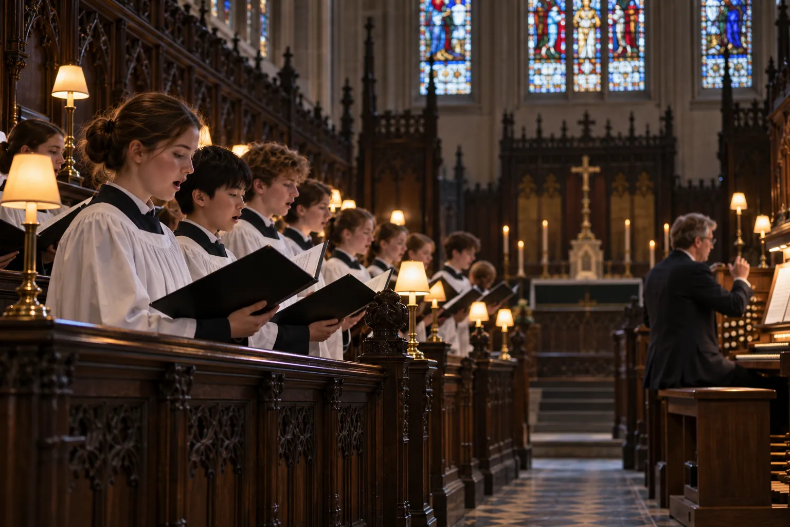 Choristers singing in carved choir stalls under warm lamp light
