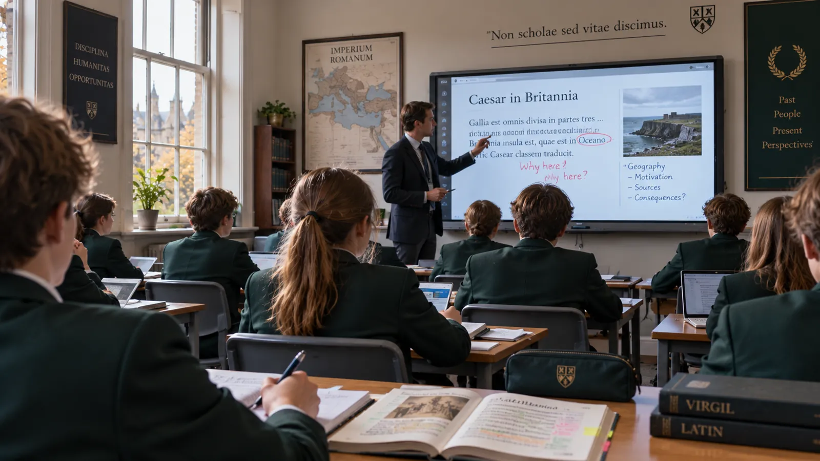A Latin lesson seen from the back of the classroom, pupils facing a teacher at the board
