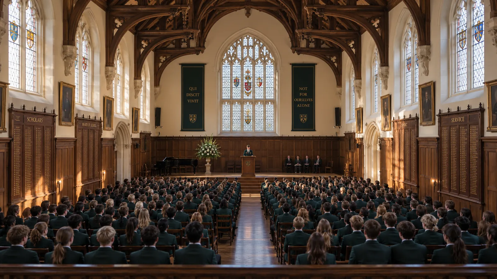 A school assembly seen from the back of a timber-roofed hall, a pupil speaking at the lectern
