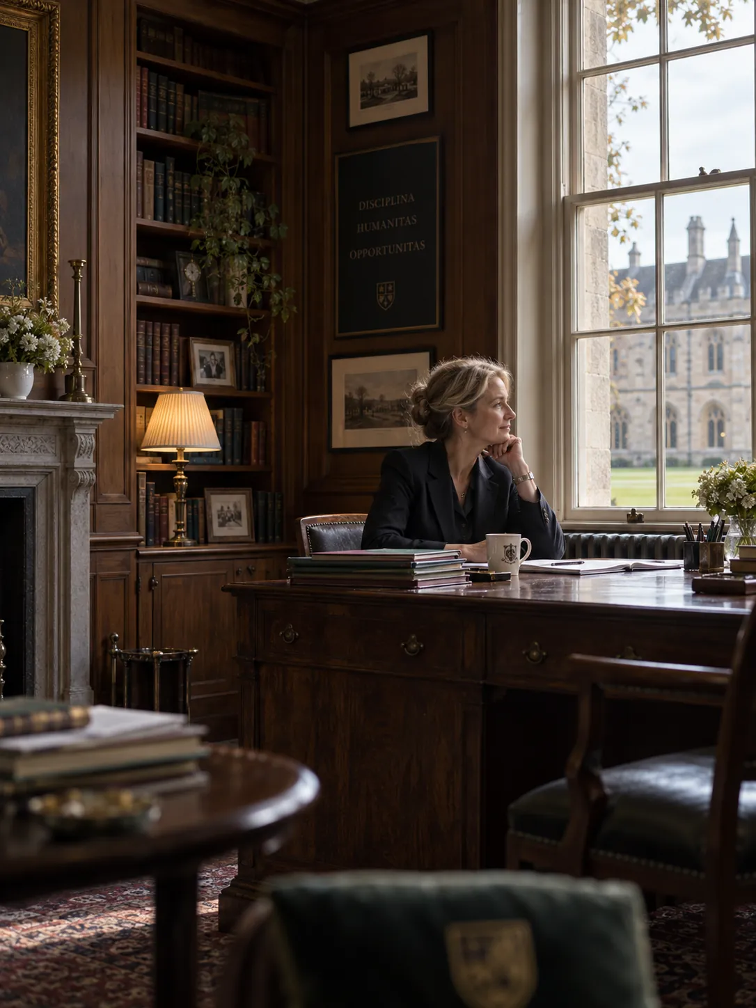The Head seated by a study window, looking out across the quad, exercise books beside her