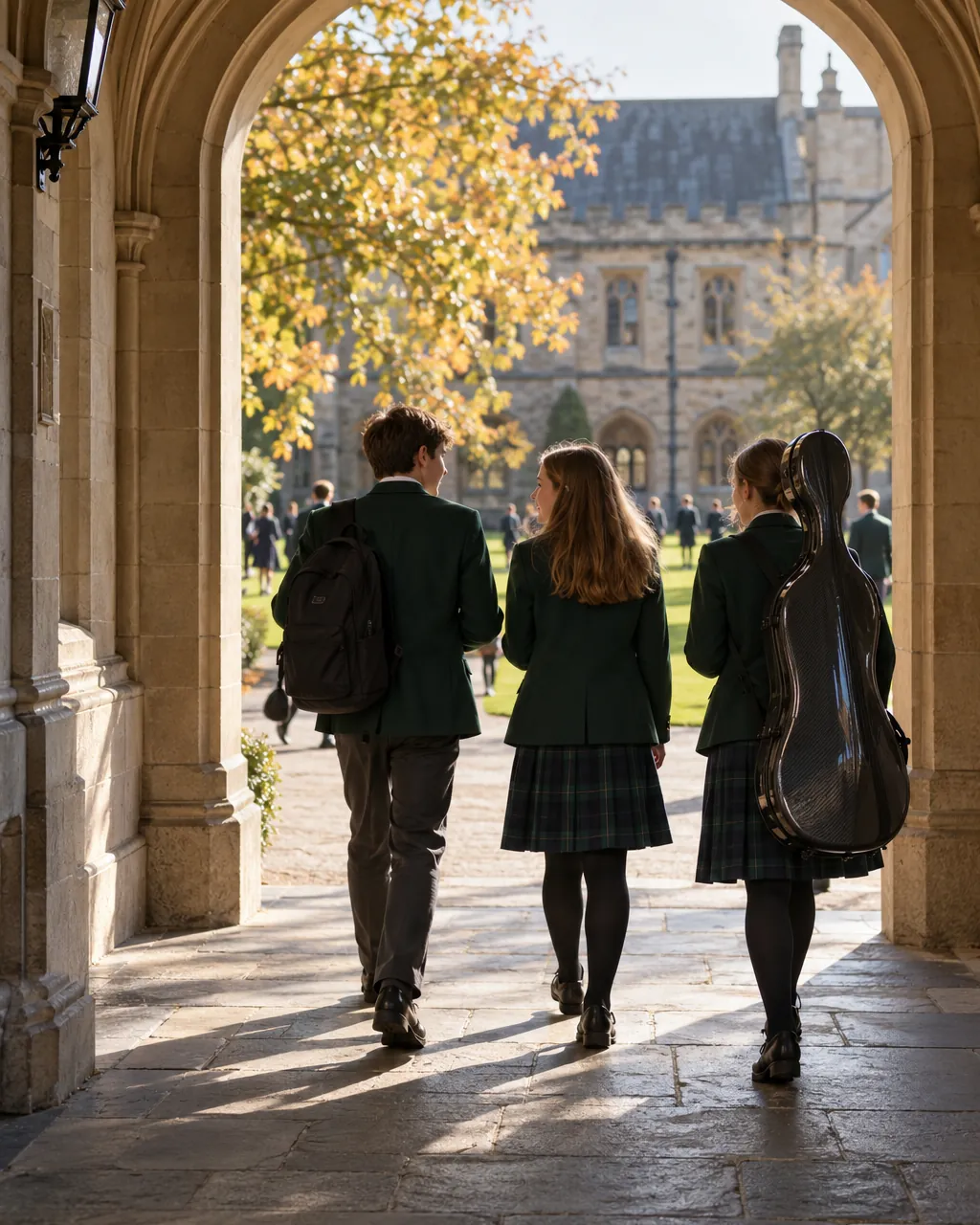 Three pupils walk away through a stone cloister arch into a sunlit quad, one carrying a cello case