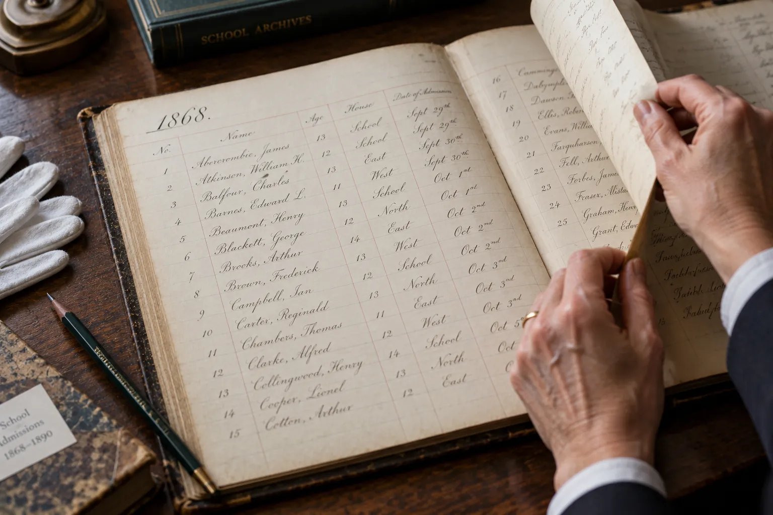 Hands turning a page of a nineteenth century admissions ledger written in copperplate