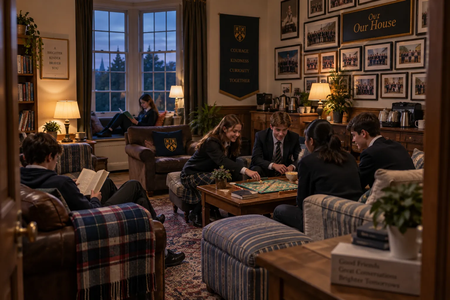 Pupils of different ages in a House common room, some playing a board game, one reading by the window