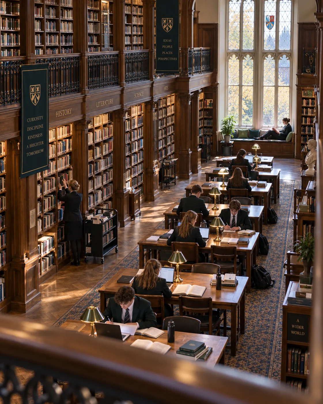 Pupils reading and working quietly at long tables in a two storey library seen from the gallery