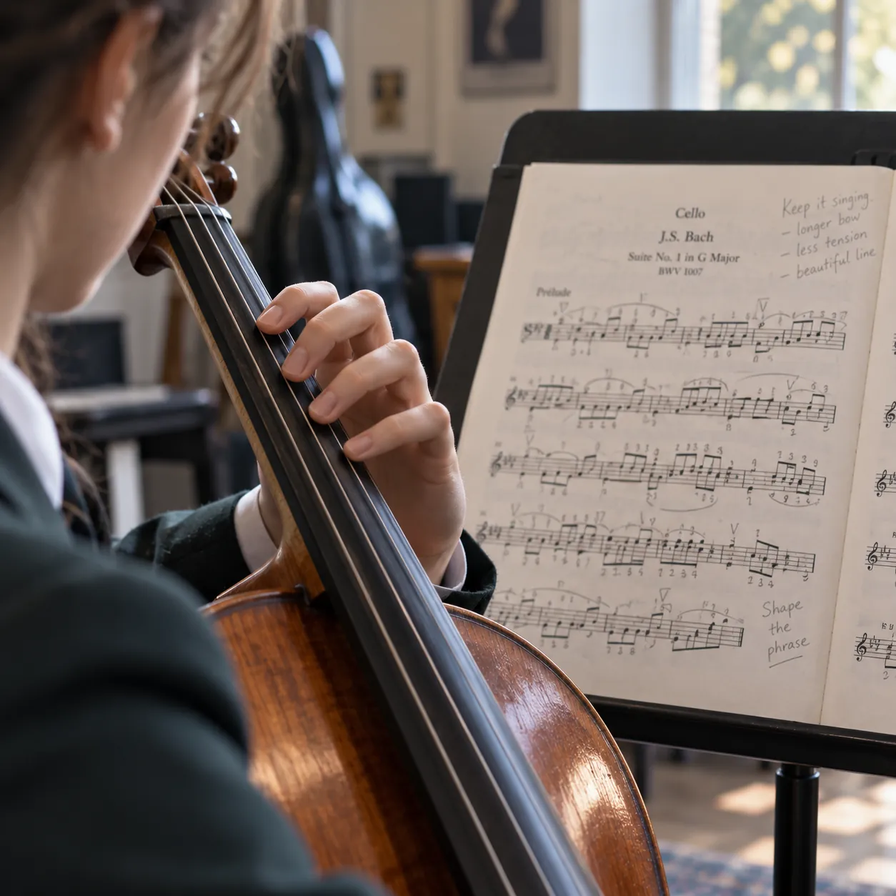 A cellist's hand on the fingerboard with a heavily pencilled music part behind