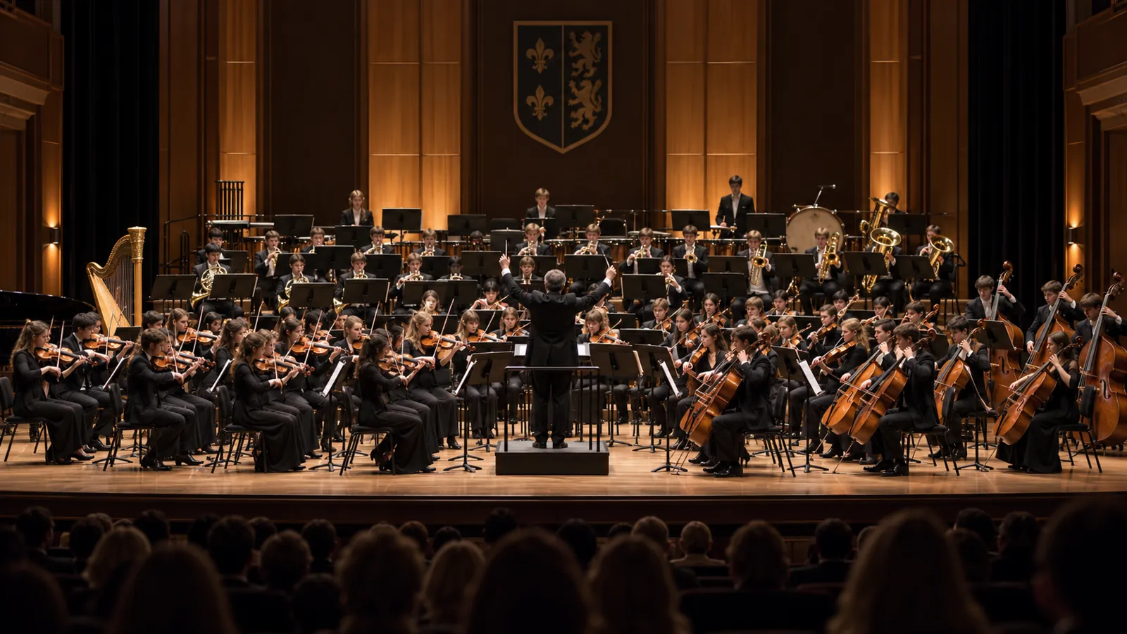 A full school orchestra on a concert stage under warm lighting, the conductor's arms raised