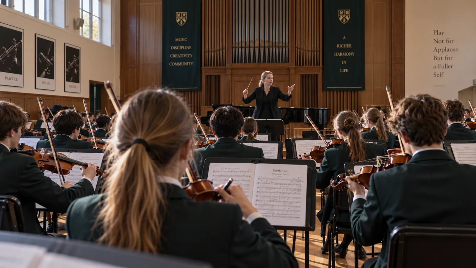 String players seen from behind during a rehearsal, the conductor gesturing at the far end