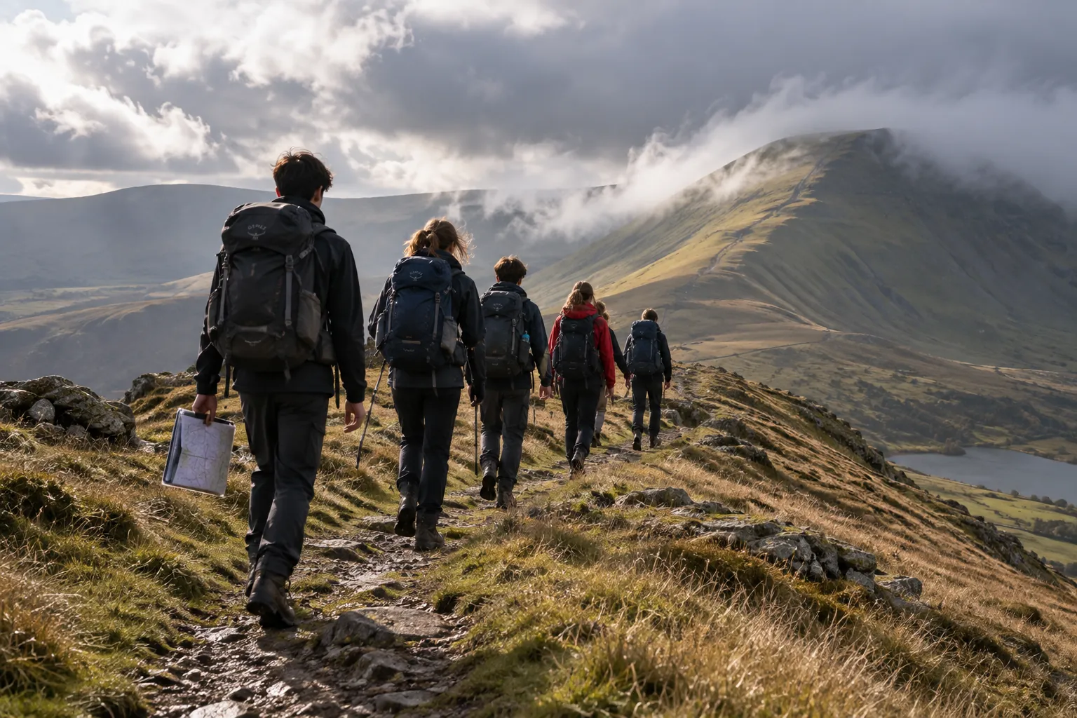 Five pupils with rucksacks walking away along a mountain ridge path under low cloud