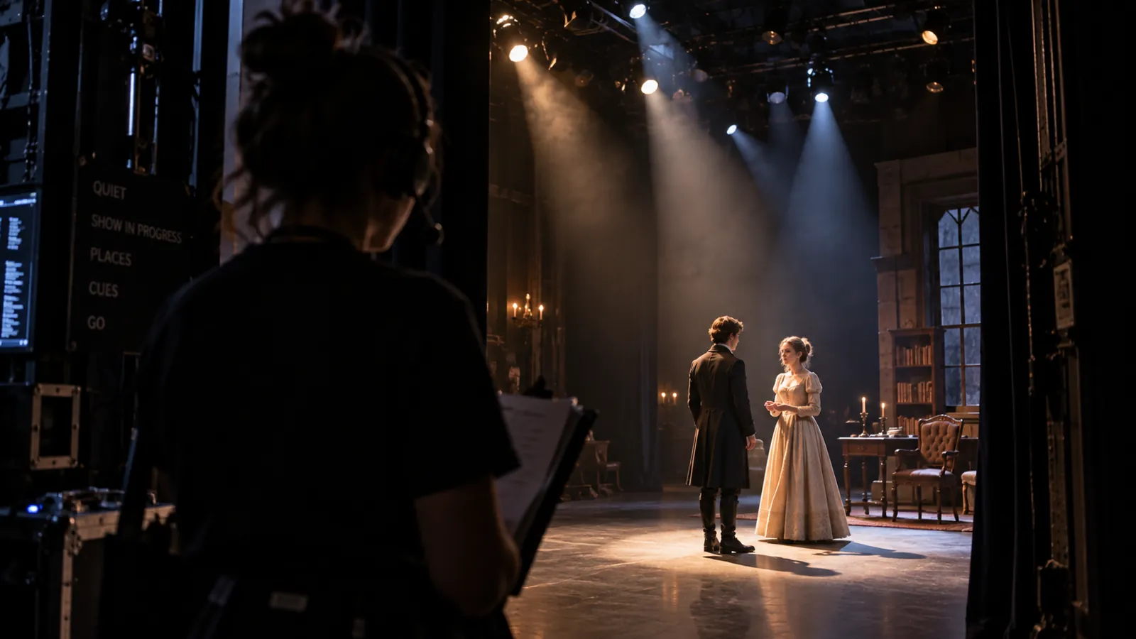 Two actors lit on a stage seen past the silhouette of a stage manager in the wings