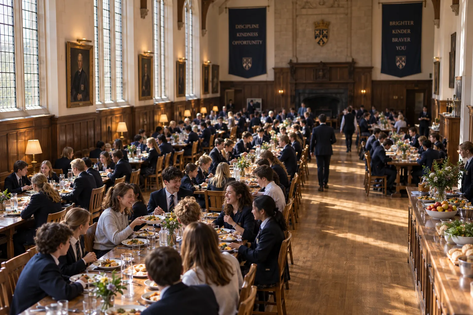 Long oak dining tables seen from a gallery, pupils and staff eating lunch together