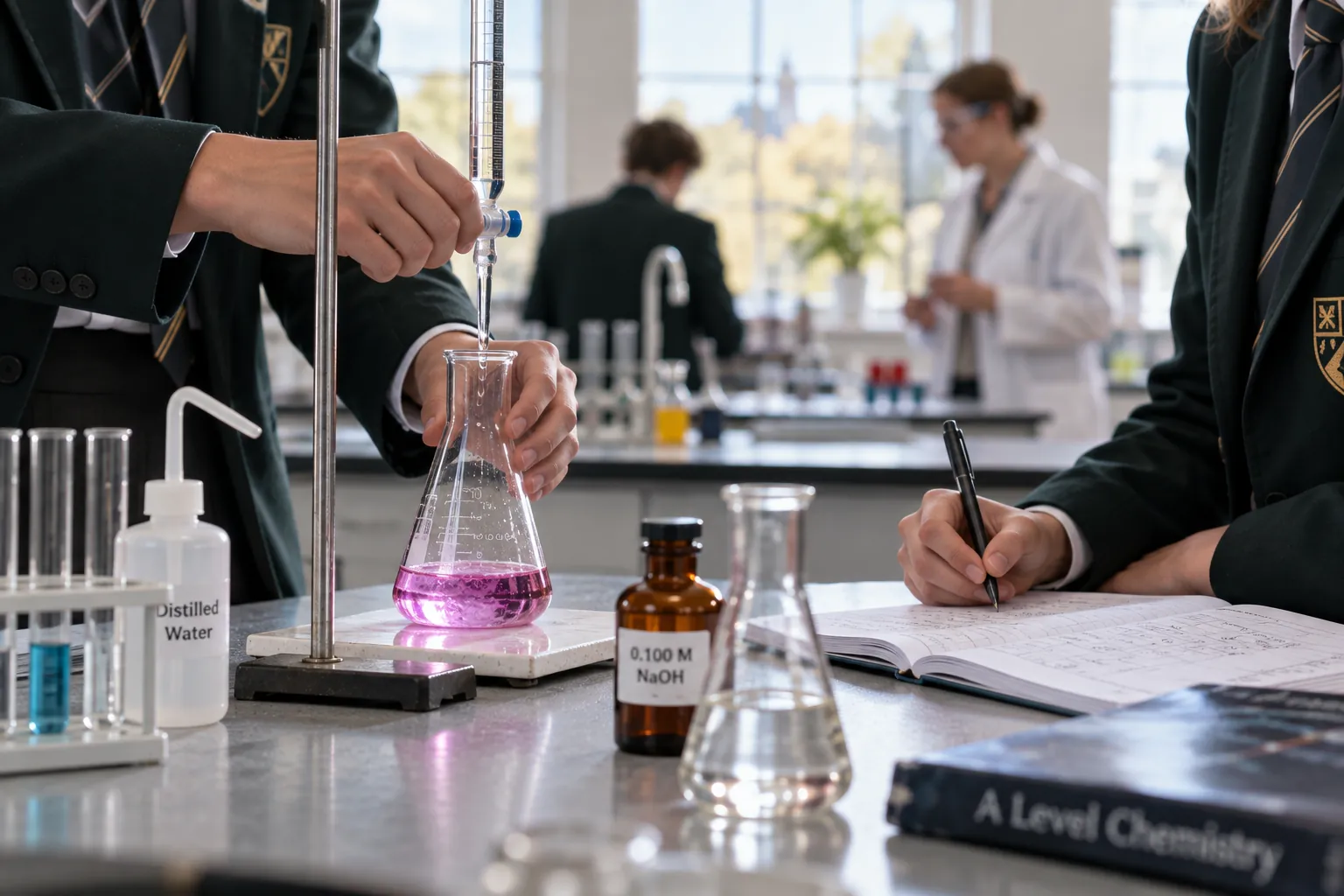 Two pupils' hands at a chemistry bench, one holding a burette over a flask, one writing results
