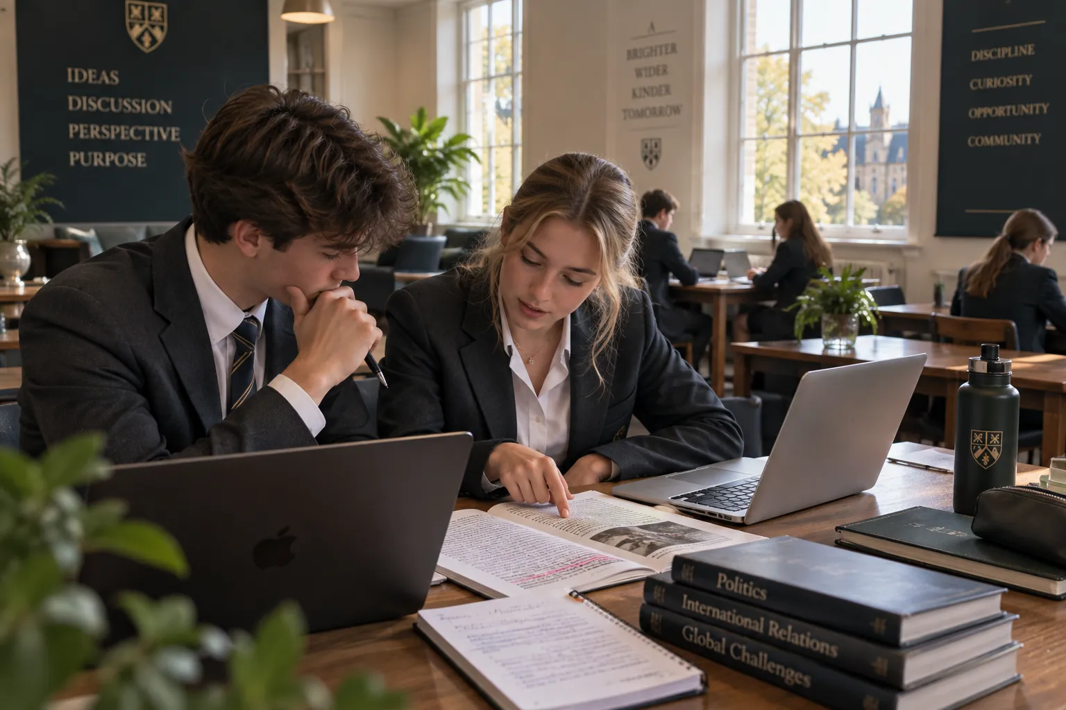 Two Sixth Form pupils working together over a marked-up article and laptops