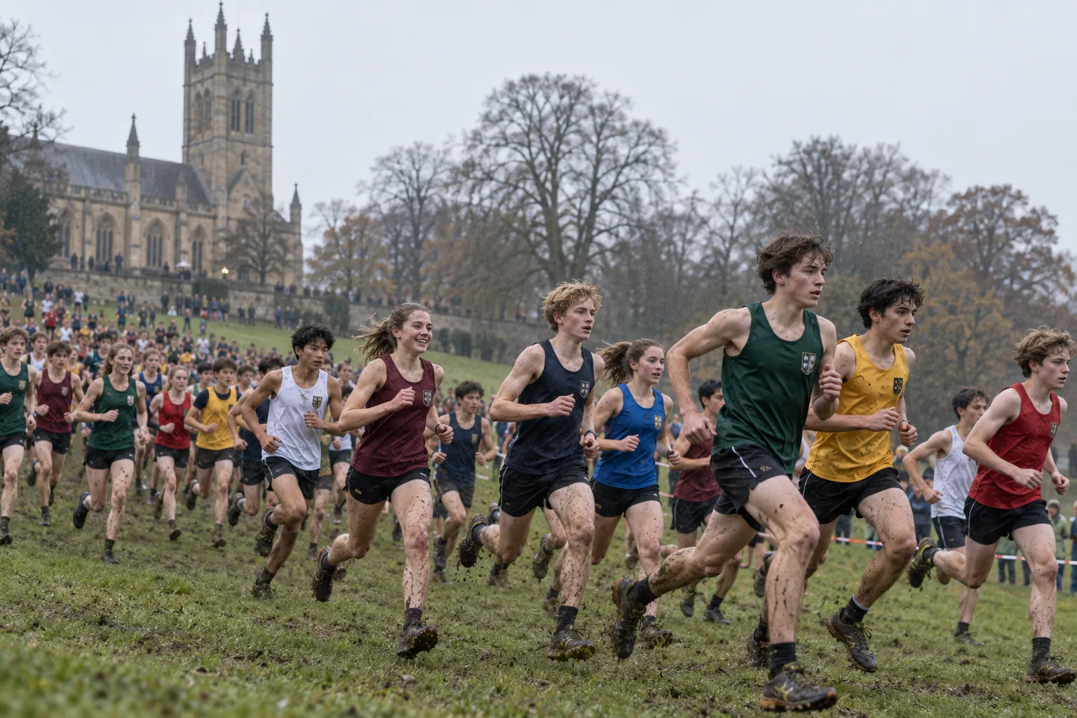 A crowd of pupils in six colours of House vests running down a wet grass slope below a chapel tower