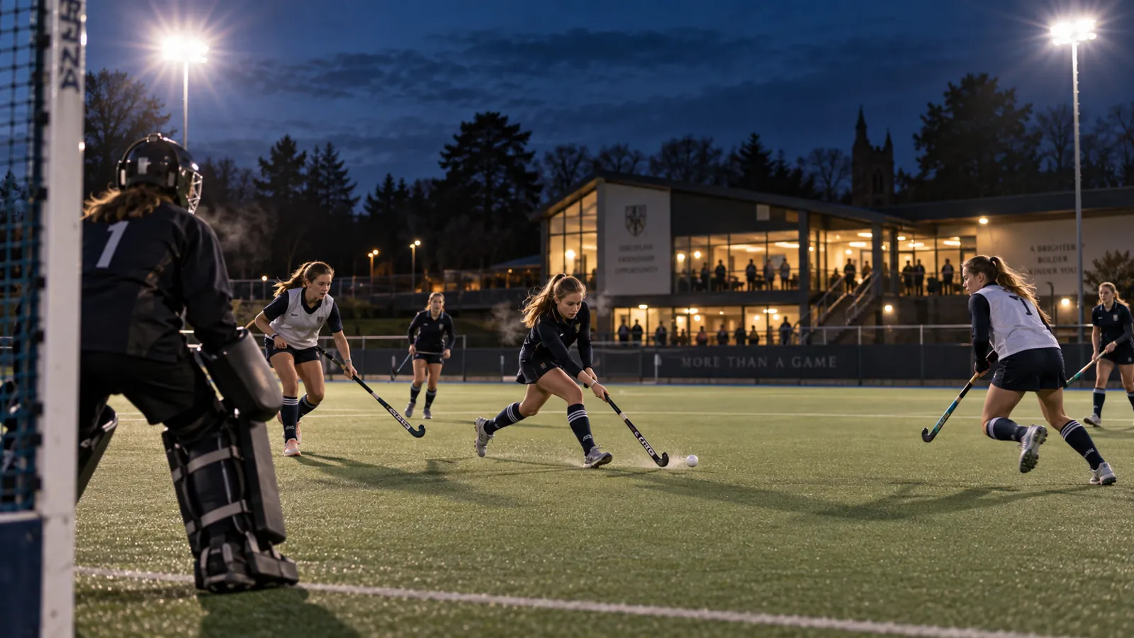 Hockey players training under floodlights on an artificial pitch at dusk